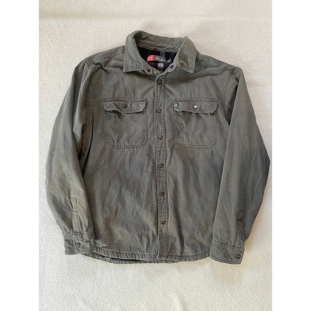 The American Outdoorsman Mens Large Shirt Jacket Gray Fleece Lined Canvas Snap